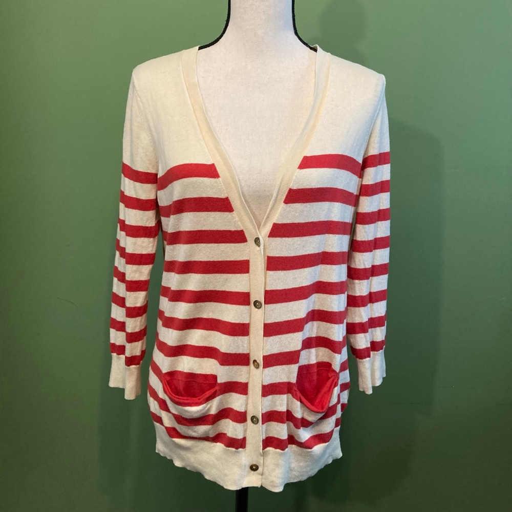 Women's Gap Cream Red Stripe Button Front Cardigan Sweater M
